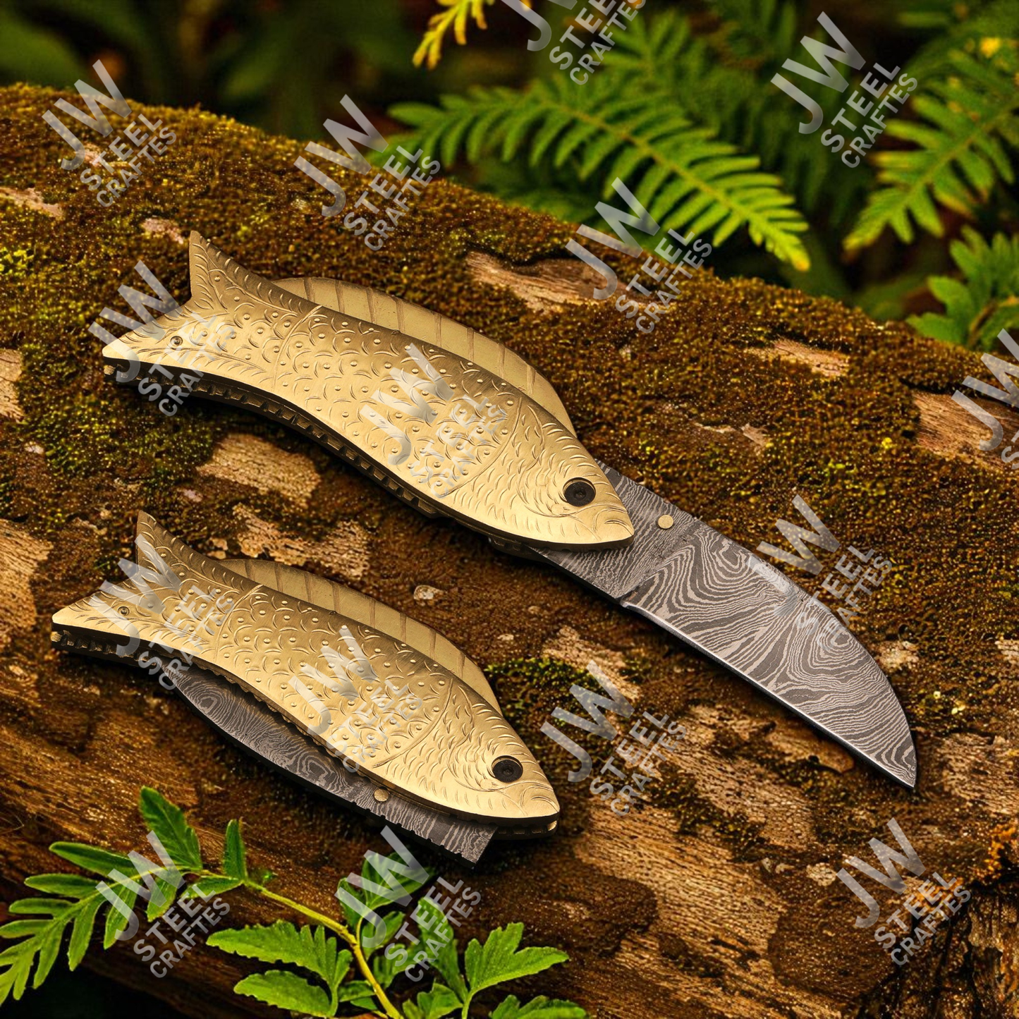 Hand-Forged Damascus Steel Folding Knife – Brass Fish Design Handle with Leather Sheath | Collectible Gift for Him