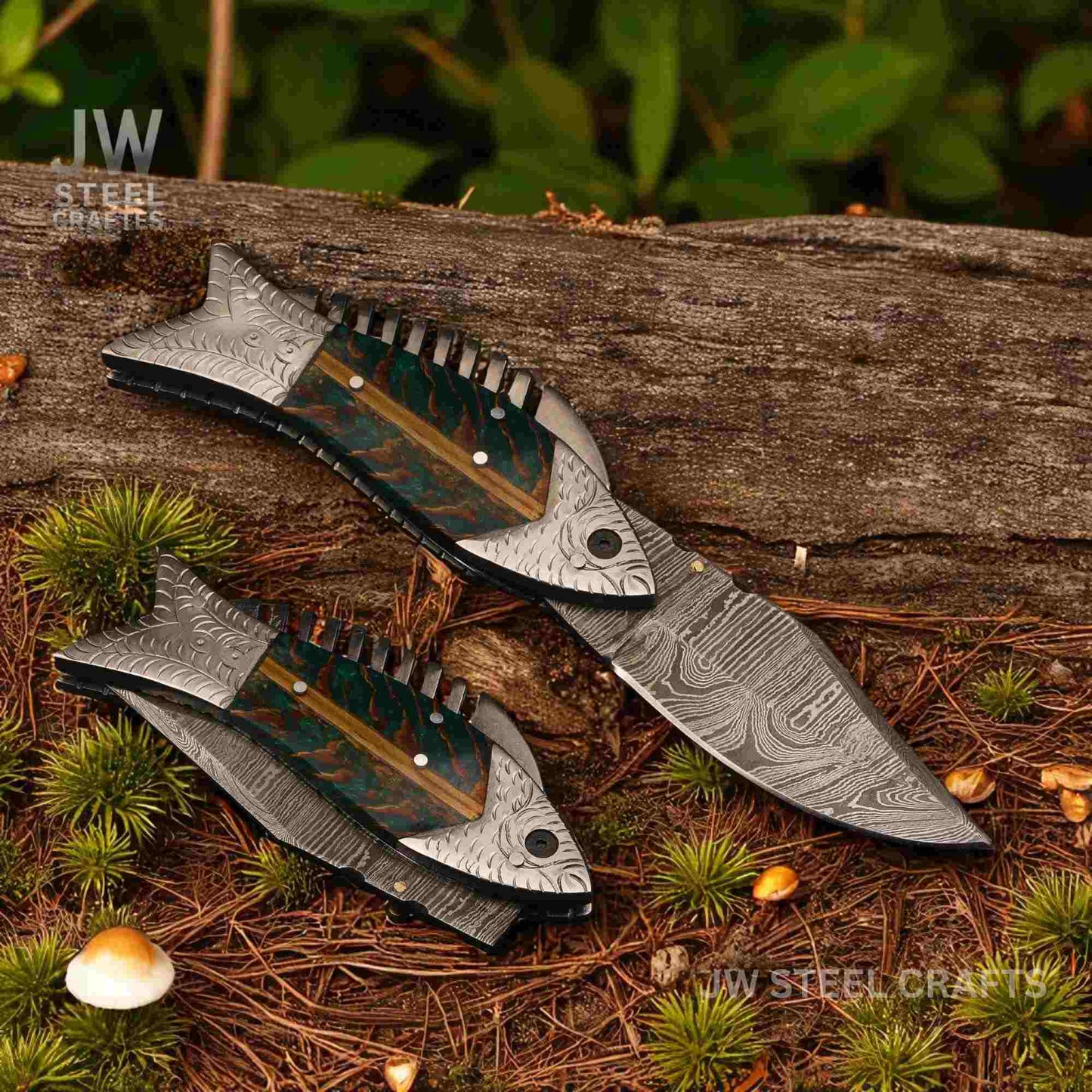 Two folding knives with decorative blades on a wooden surface with greenery.