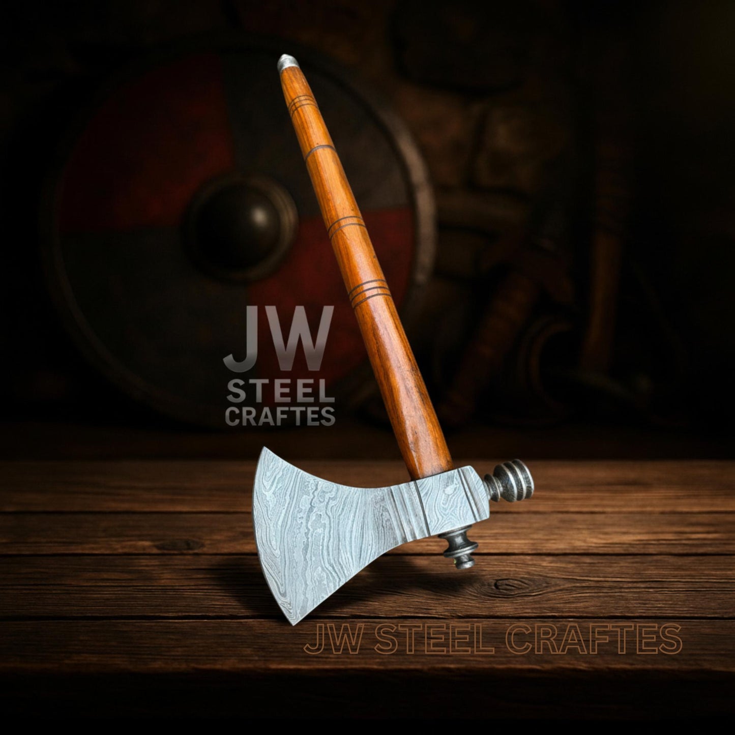 Hand-Forged Damascus Viking Axe – Steel Blade with Polished Wood Handle
