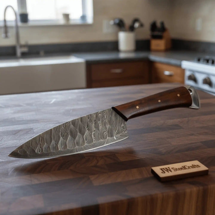 7 - Inch Chef Knife — Hammered Pattern Damascus Blade with Rosewood Handle (12 - Inch Overall, Hand - Forged) handmade Damascus Steel Chef Knives by JW SteelCrafts
