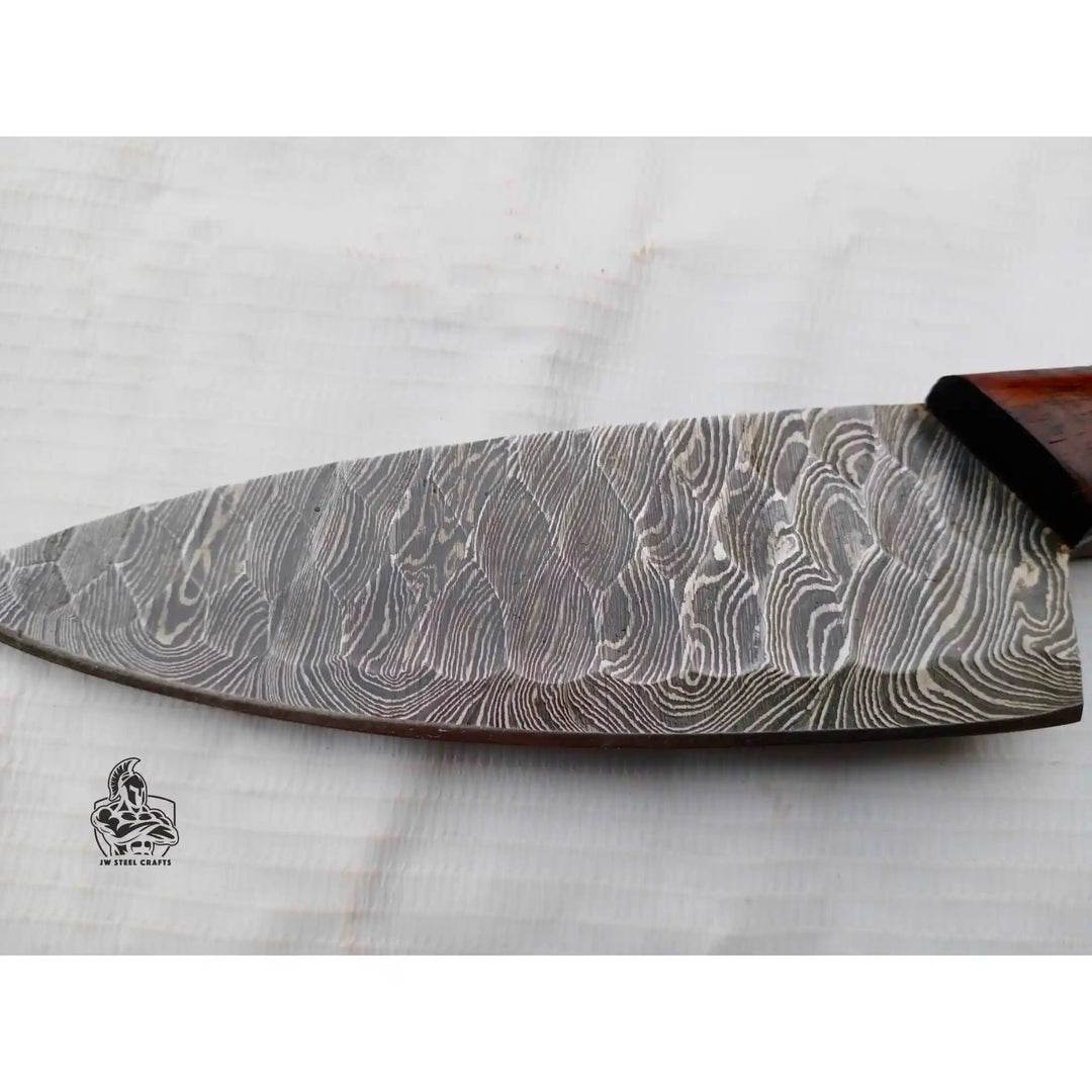 7 - Inch Chef Knife — Hammered Pattern Damascus Blade with Rosewood Handle (12 - Inch Overall, Hand - Forged) handmade Damascus Steel Chef Knives by JW SteelCrafts