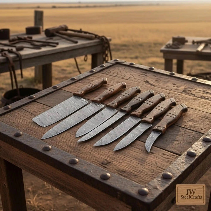 Handmade Damascus Kitchen Knife Set 7 Piece Chef Santoku Nakiri Cleaver Bread Fillet Boning and Paring Knives Rose Wood Handle Professional Cooking Set JW SteelCrafts handmade Handmade Chef Knife Sets by JW SteelCrafts