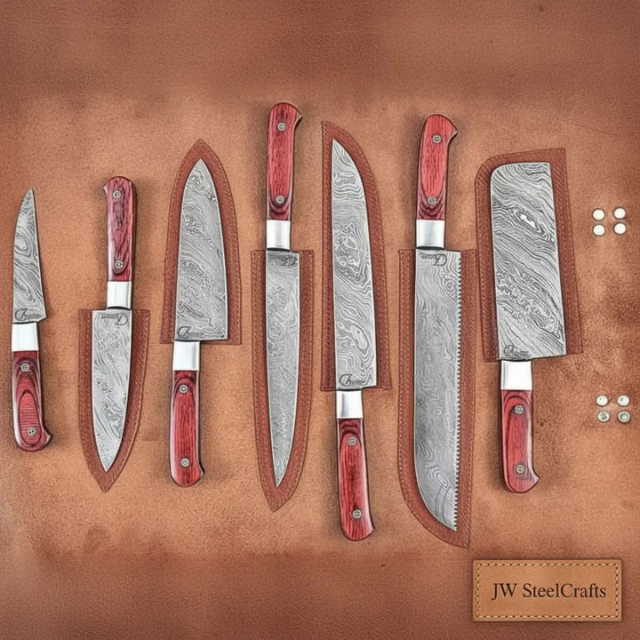 7-Piece Damascus Kitchen Knife Set with Leather Roll