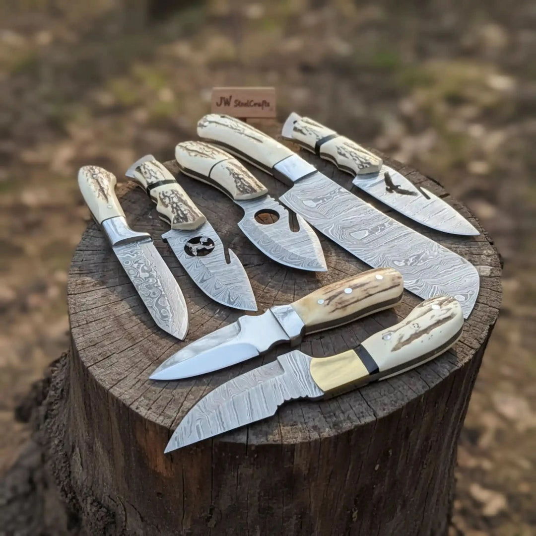 7 Piece Damascus Steel Knife Set with Synthetic Antler Handles handmade Damascus Steel Kitchen Knife Set by JW SteelCrafts