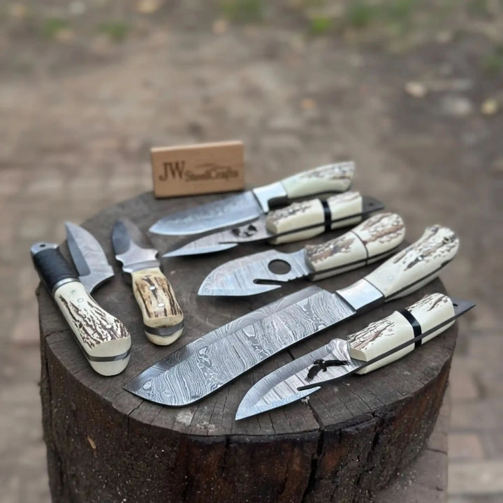7 Piece Damascus Steel Knife Set with Synthetic Antler Handles handmade Damascus Steel Kitchen Knife Set by JW SteelCrafts