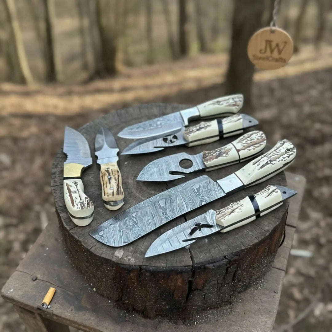 7 Piece Damascus Steel Knife Set with Synthetic Antler Handles handmade Damascus Steel Kitchen Knife Set by JW SteelCrafts