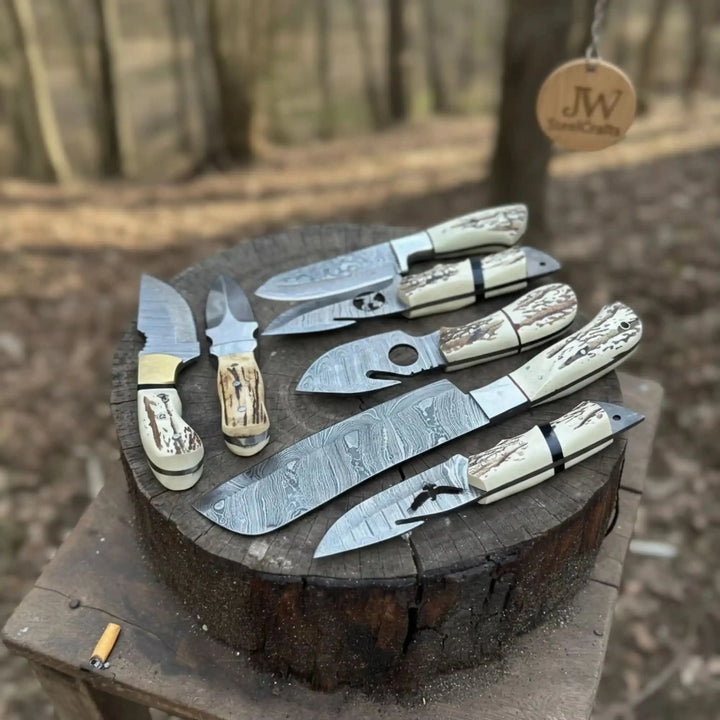 7 Piece Damascus Steel Knife Set with Synthetic Antler Handles handmade Damascus Steel Kitchen Knife Set by JW SteelCrafts