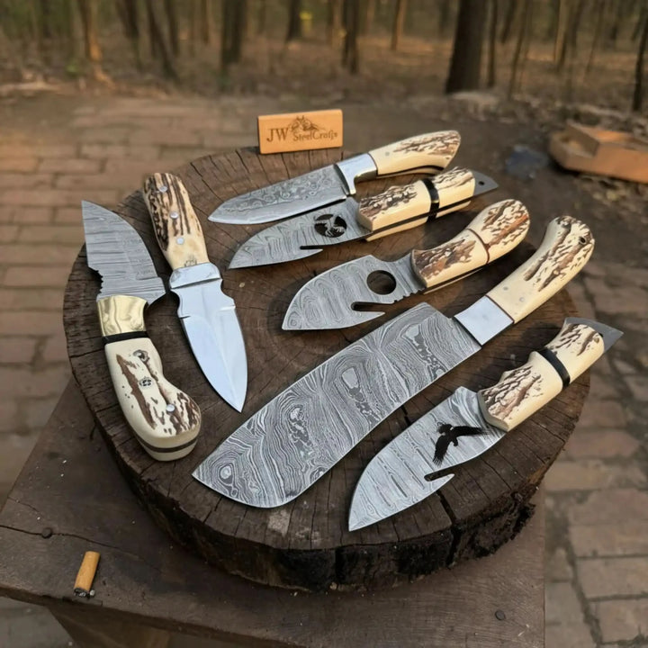 7 Piece Damascus Steel Knife Set with Synthetic Antler Handles handmade Damascus Steel Kitchen Knife Set by JW SteelCrafts