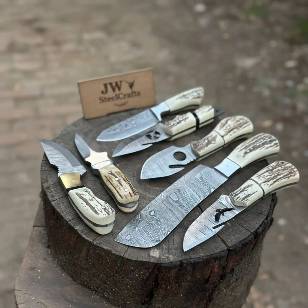 7 Piece Damascus Steel Knife Set with Synthetic Antler Handles handmade Damascus Steel Kitchen Knife Set by JW SteelCrafts