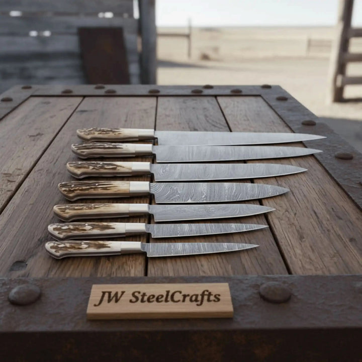 Handmade Damascus Kitchen Knife Set of 7 with Stag Antler Handles, Chef Santoku Utility Bread and Paring Knives, Full Tang Forged Steel Professional Cooking Knife Set handmade Handmade Chef Knife 