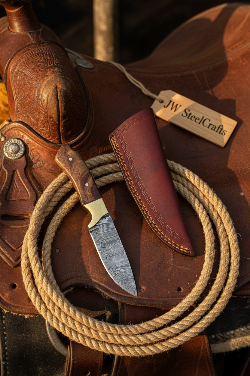 Handmade Damascus Field Knife 8” Bushcraft Knife Wood Handle with Leather Sheath