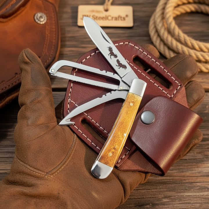 Amber Bronco Trail Trapper Folder Knife 7" Handmade High Carbon with Amber wood handle