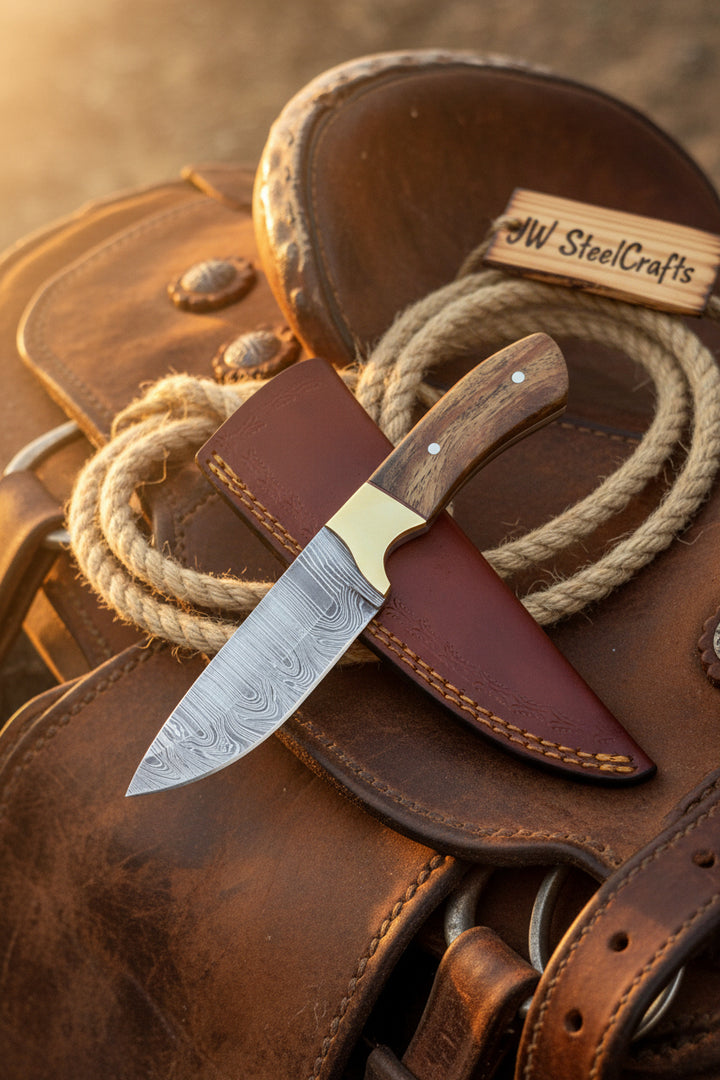 Handmade Damascus Field Knife 8” Bushcraft Knife Wood Handle with Leather Sheath