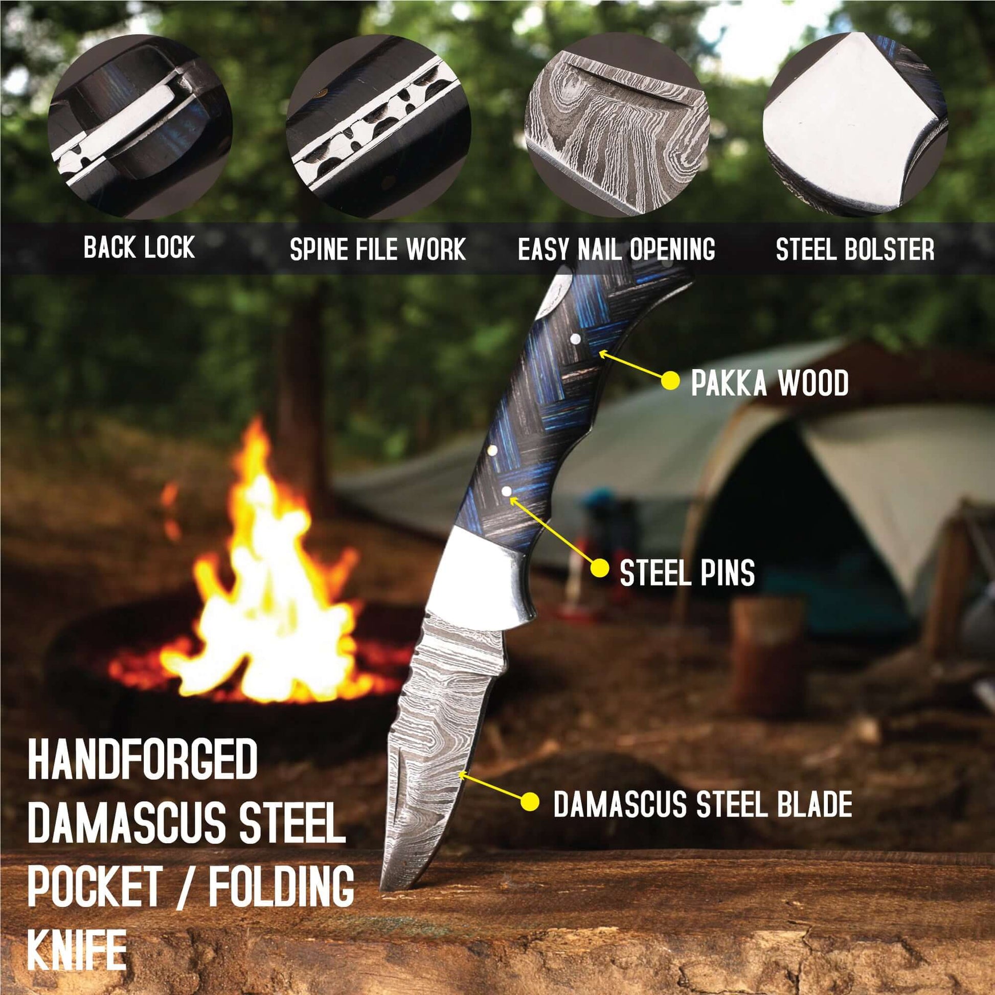 Hand-forged Damascus steel folding knife with pakka wood handle and stainless steel bolster, showing back lock mechanism, spine file work, nail opening, steel pins, and patterned Damascus blade with labeled feature highlights.