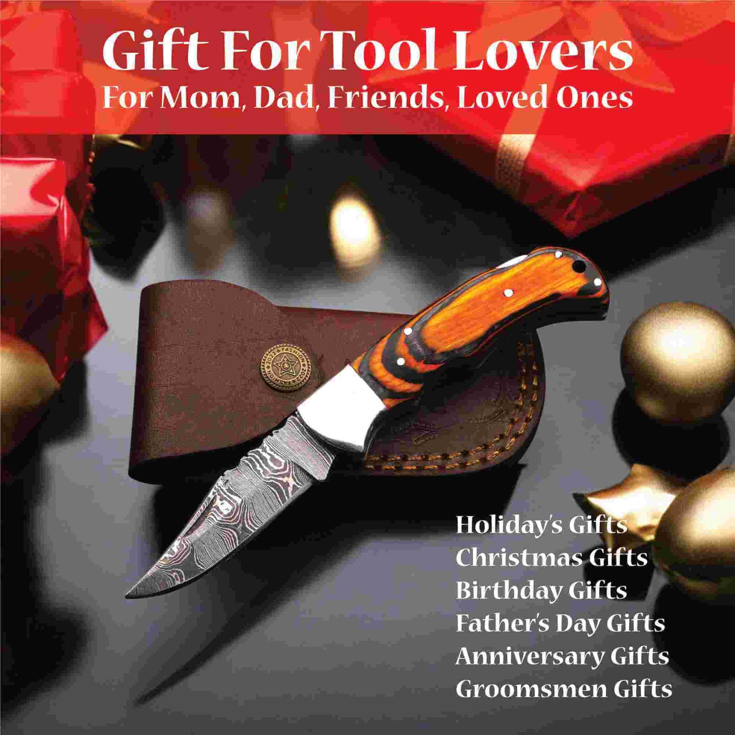 Damascus steel folding knife by JW SteelCrafts with orange and black wood handle and leather sheath, displayed as a gift for tool lovers with holiday, Christmas, Father’s Day, birthday, anniversary, and groomsmen gifting theme