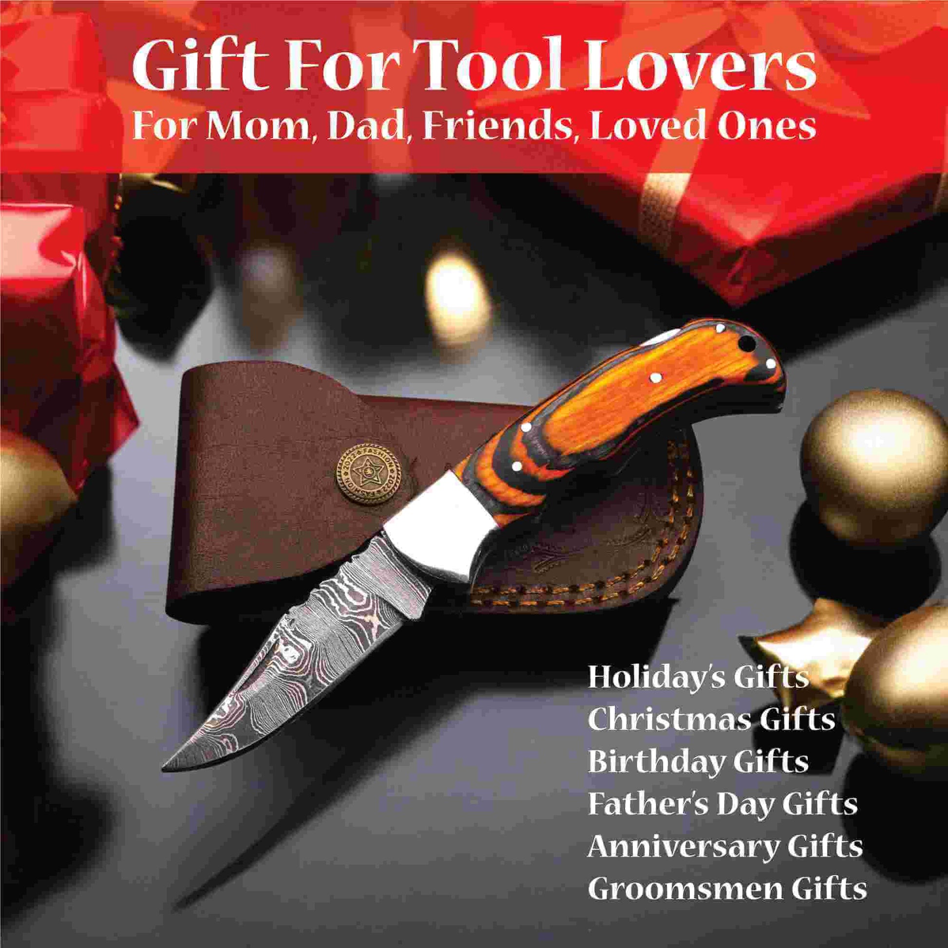 Damascus steel folding knife by JW SteelCrafts with orange and black wood handle and leather sheath, displayed as a gift for tool lovers with holiday, Christmas, Father’s Day, birthday, anniversary, and groomsmen gifting theme