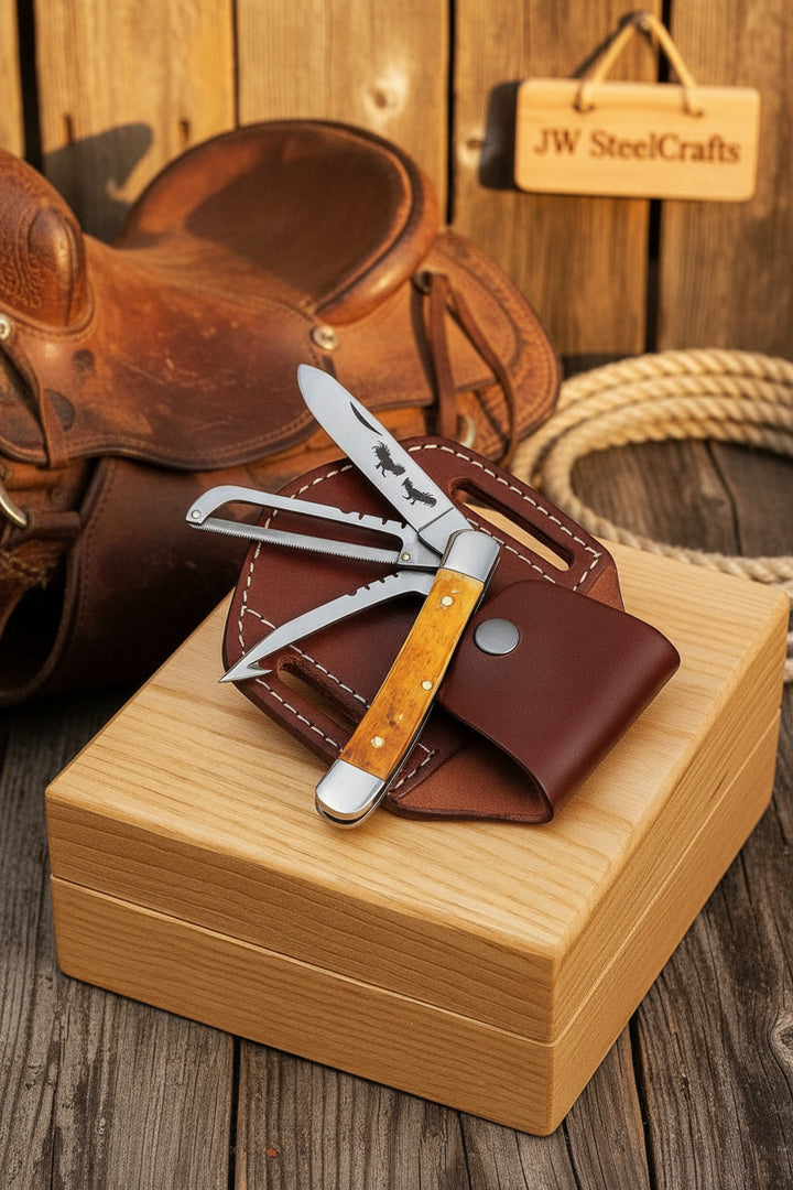 Amber Bronco Trail Trapper Folder Knife 7" Handmade High Carbon with Amber wood handle
