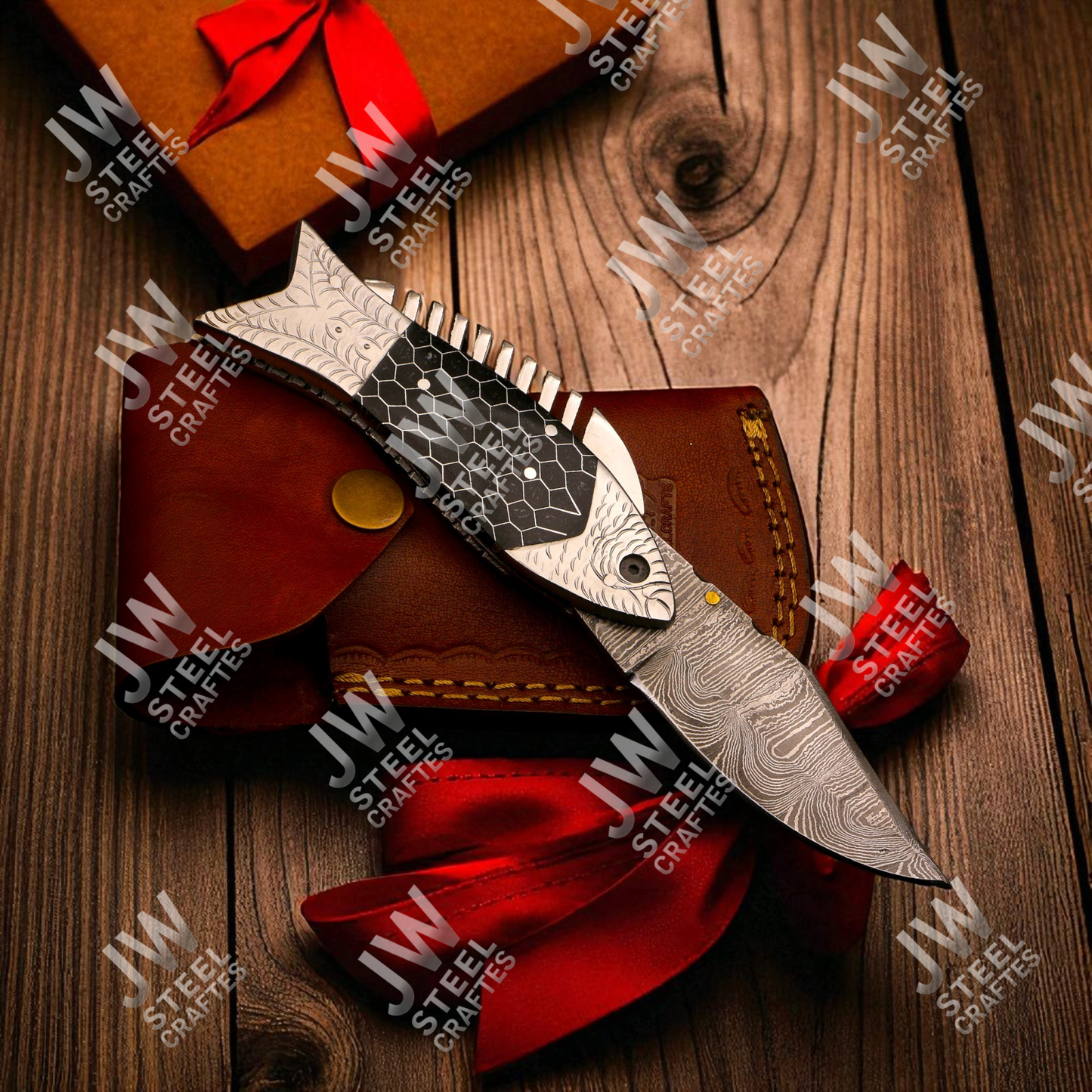 Hand-Forged Damascus Steel Folding Knife – Fish Design Pocket Knife with Resin Handle & Leather Sheath | Unique Collectible Gift for Him