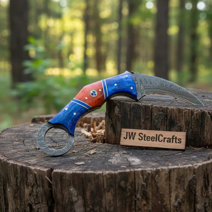 8" Damascus Karambit Knife Blue wood Handle Hunting Knife with Sheath handmade Karambit Knife by JW SteelCrafts