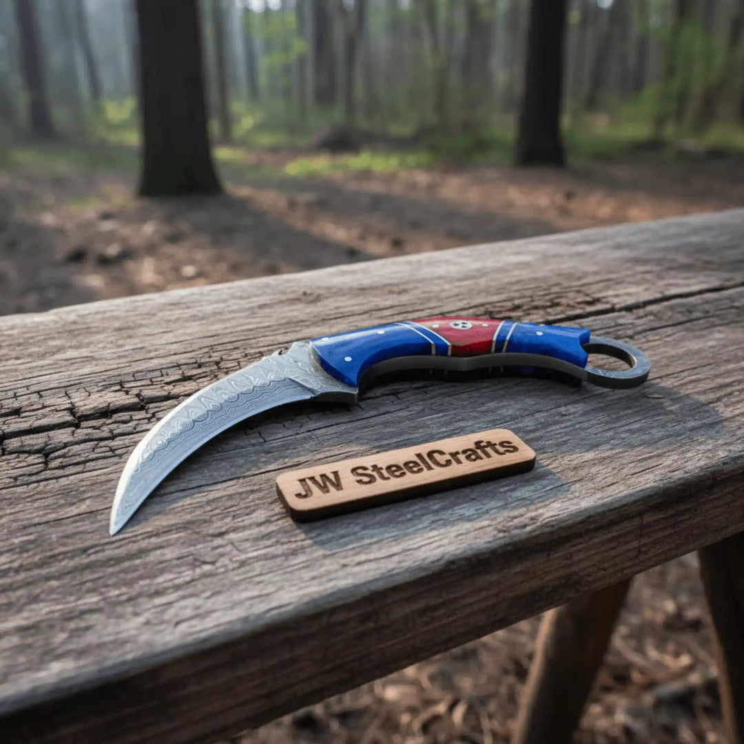 8" Damascus Karambit Knife Blue wood Handle Hunting Knife with Sheath handmade Karambit Knife by JW SteelCrafts