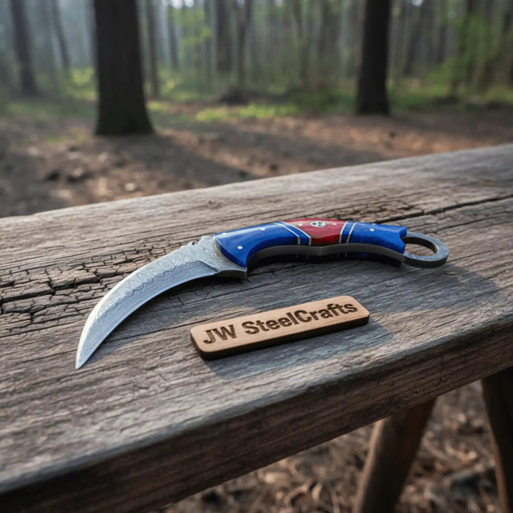 8" Damascus Karambit Knife Blue wood Handle Hunting Knife with Sheath handmade Karambit Knife by JW SteelCrafts