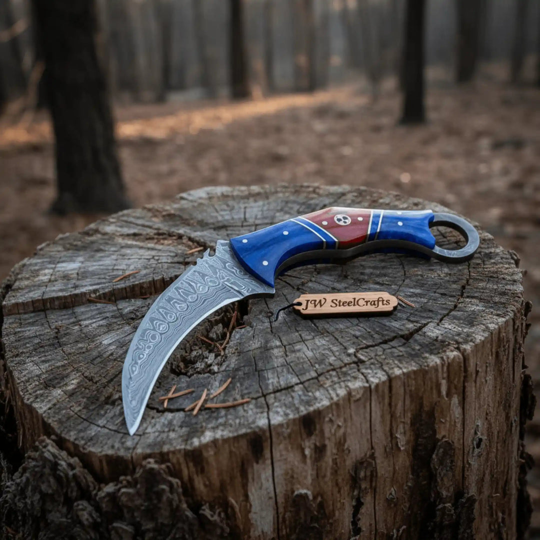 8" Damascus Karambit Knife Blue wood Handle Hunting Knife with Sheath handmade Karambit Knife by JW SteelCrafts