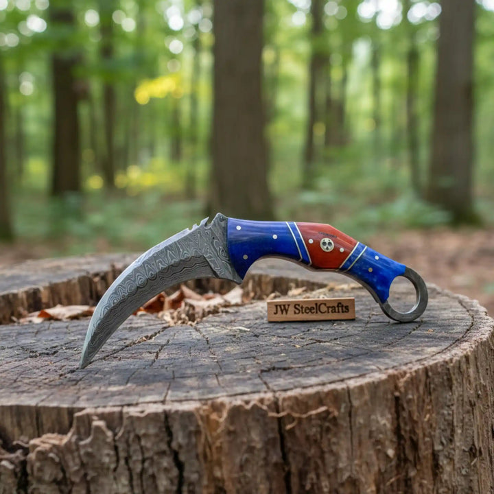8" Damascus Karambit Knife Blue wood Handle Hunting Knife with Sheath handmade Karambit Knife by JW SteelCrafts
