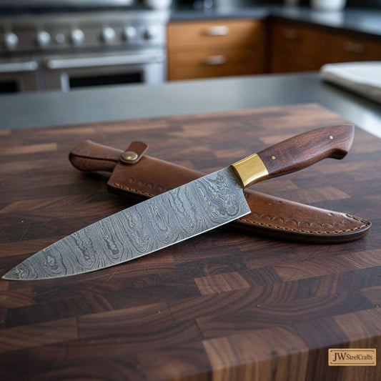JW SteelCrafts handmade Damascus chef knife with wood handle and brass bolster on cutting board.