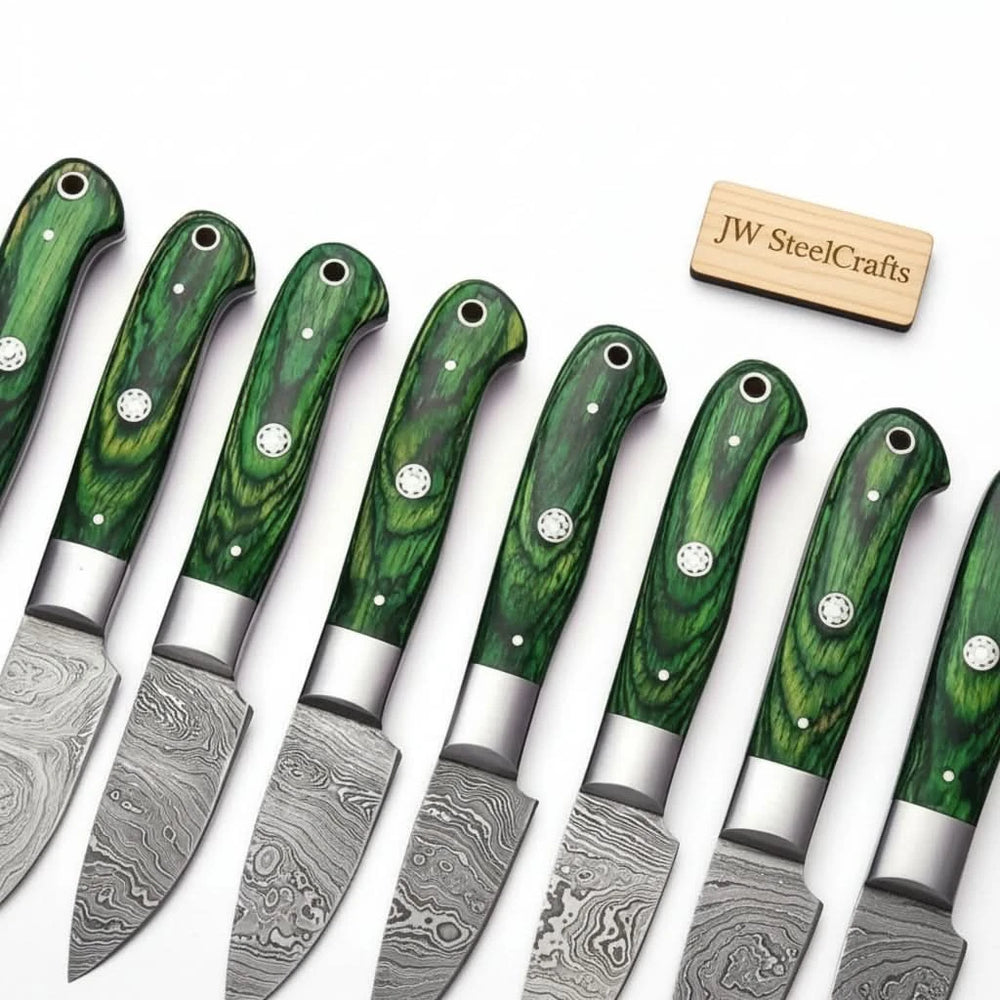 8 Pc's Steak Knives Set. Matching to 1081 Set Green Pakka Wood Handle DK - 0233 handmade Steak Knives by JW SteelCrafts