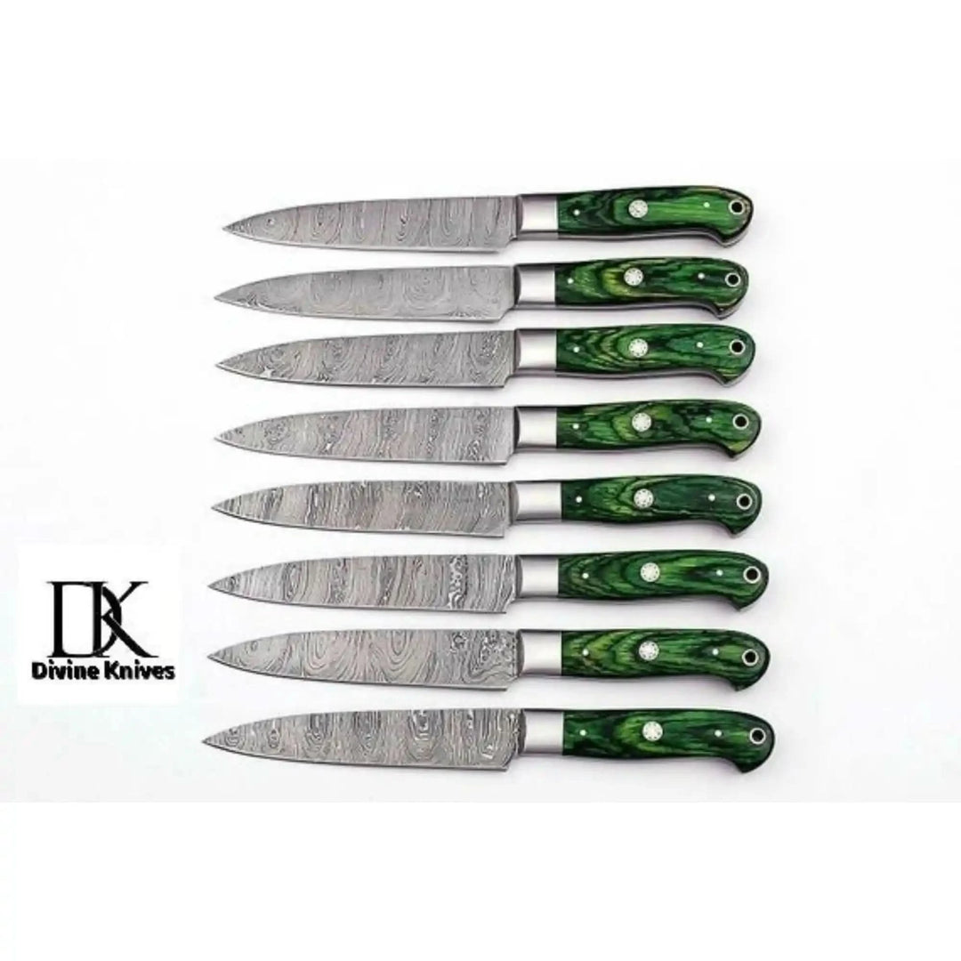 8 Pc's Steak Knives Set. Matching to 1081 Set Green Pakka Wood Handle DK - 0233 handmade Steak Knives by JW SteelCrafts