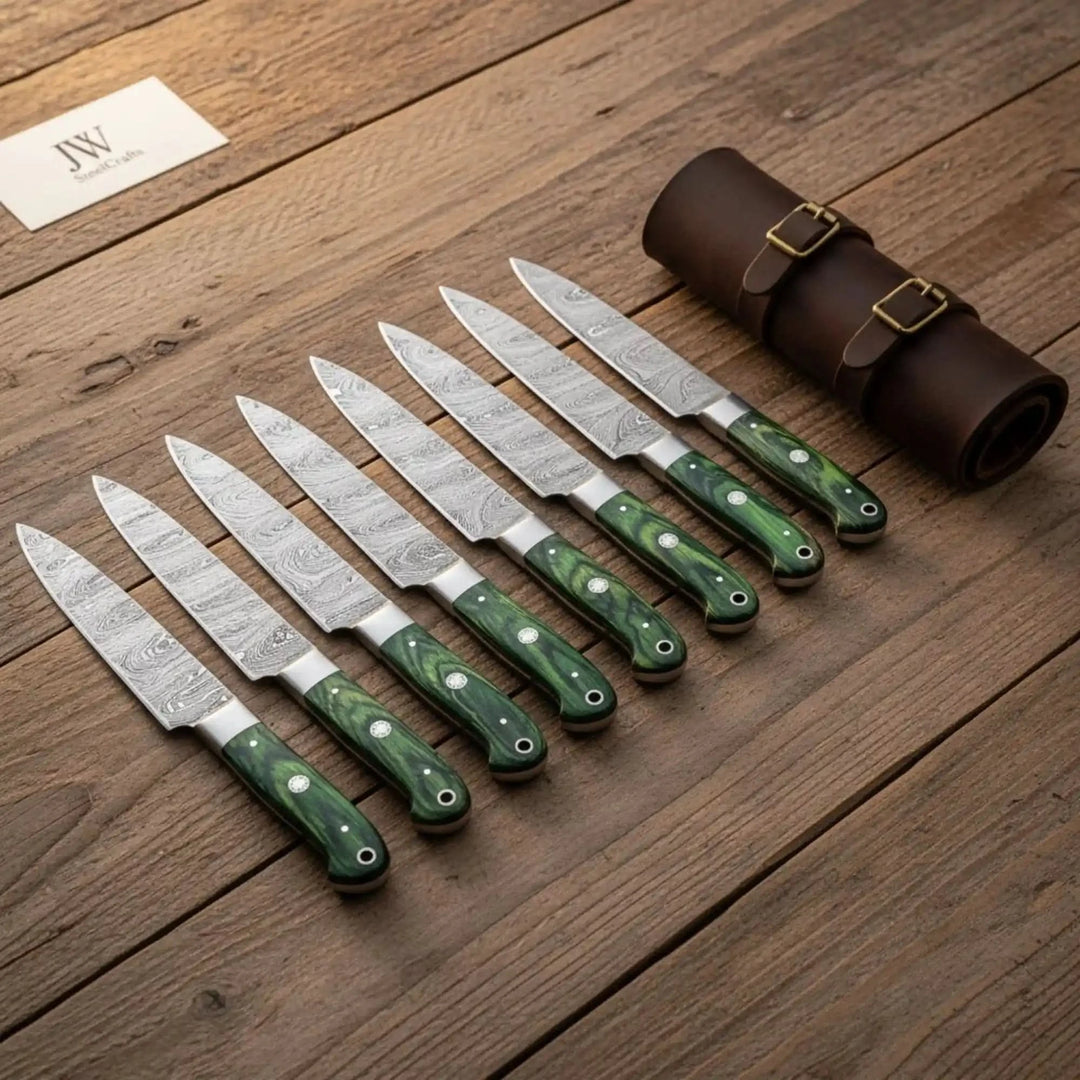 Damascus Steak Knife Set, Full Tang Serrated Knives, Green Pakka wood Handle, Precision Slicing handmade Steak Knives