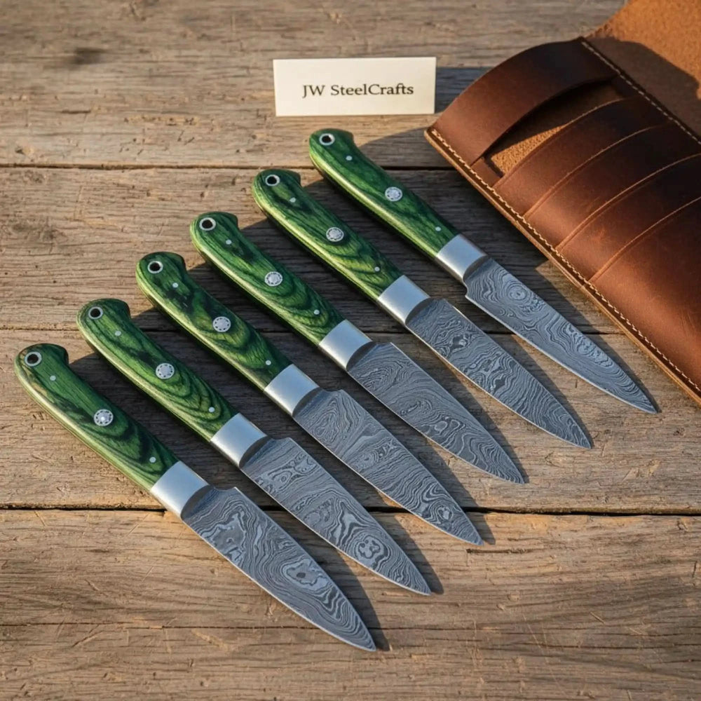 Damascus Steak Knife Set, Full Tang Serrated Knives, Green Pakka wood Handle, Precision Slicing handmade Steak Knives
