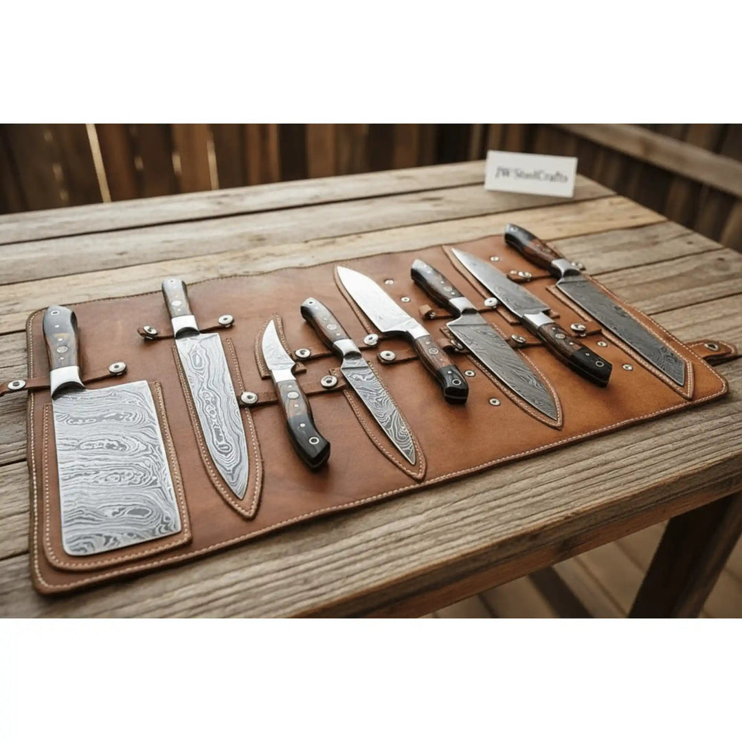 8-Piece Damascus Kitchen Knife Set with Full Tang Blades and Pakka Wood Handles handmade Handmade Chef Knife Sets