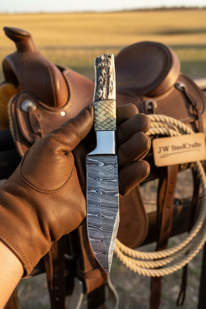 Frontier Stag Damascus Hunting Knife 9" Cross-Hatch Stag Horn