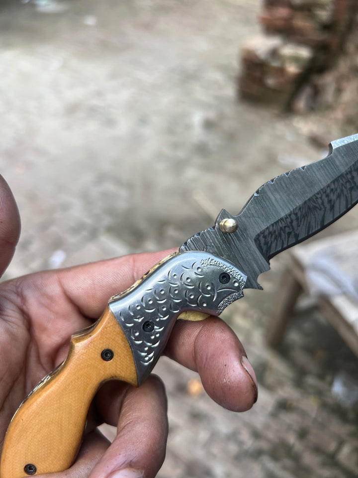 Honeywood Hawkbill Folder Knife 8" Handmade Wood Handle Damascus Blade