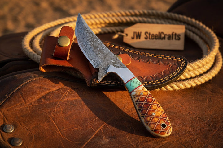 Turquoise Inlay Skinner Knife 9" Handmade Damascus with Turquoise Inlay