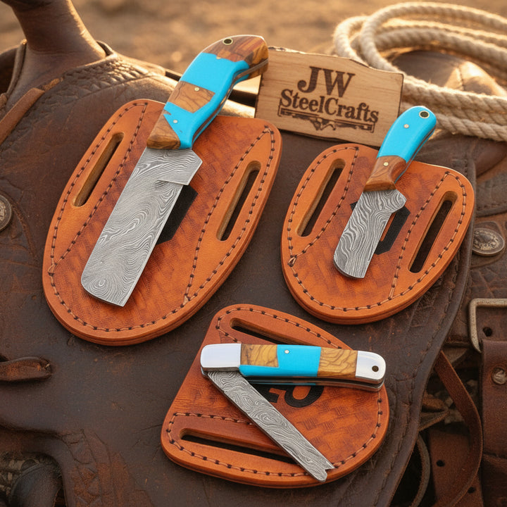 Turquoise Trail Bull Cutter Trio Set 3 with wood and turquoise resin Handle