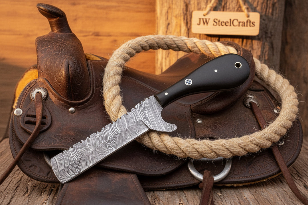 Blackhorn Bull Cutter Knife 7" Handmade Ladder Damascus Black Resin Handle