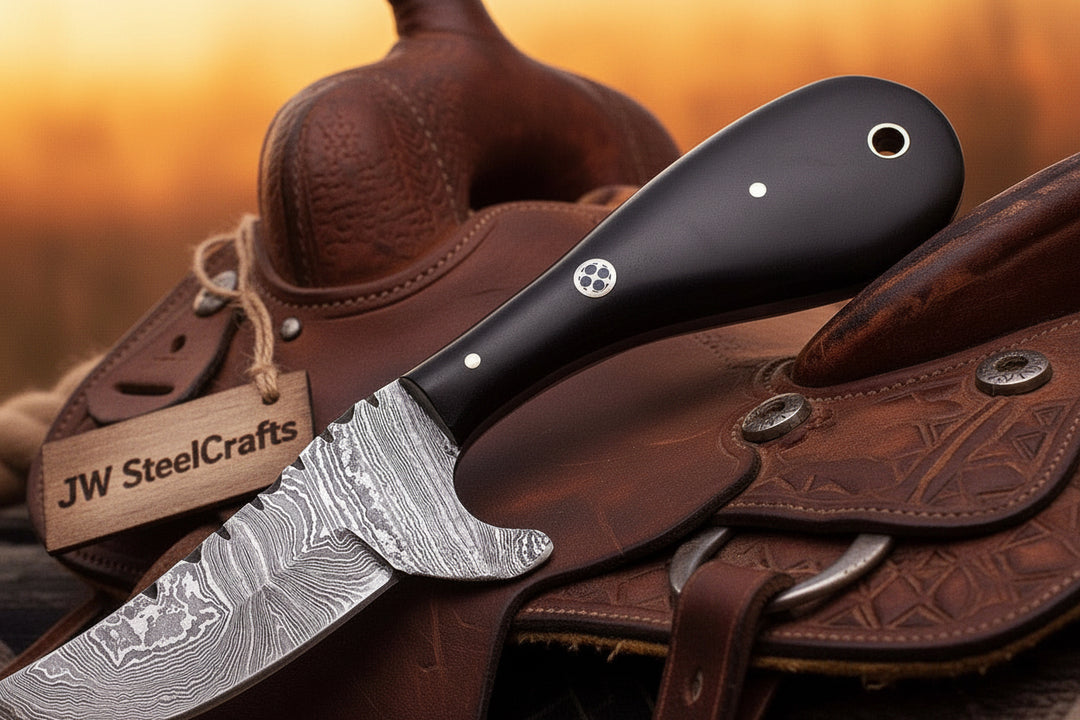 Blackhorn Bull Cutter Knife 7" Handmade Ladder Damascus Black Resin Handle