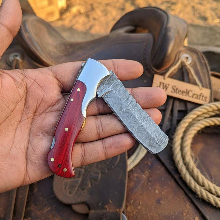 Crimson Ridge Folding Bull Cutter 8" Handmade Damascus Wood Handle