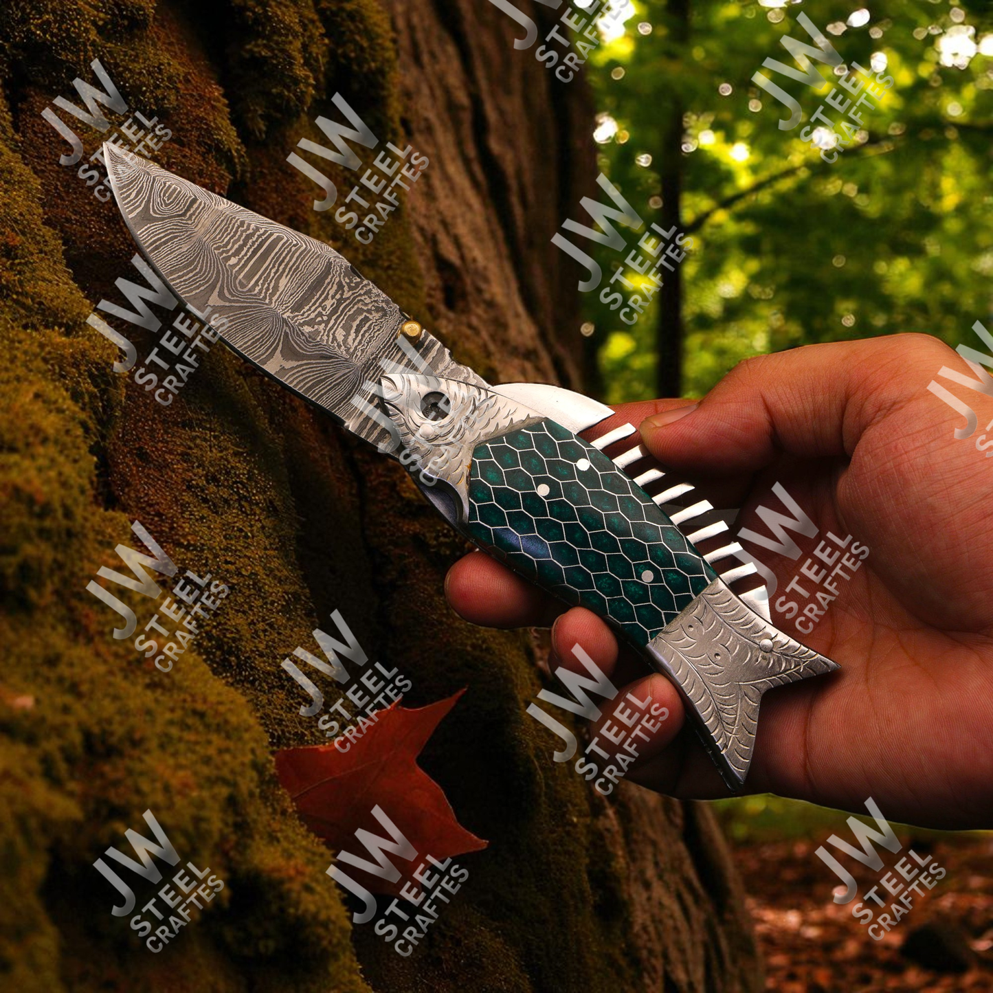 Hand-Forged Damascus Steel Folding Knife – Green Honeycomb Resin Fish Handle with Leather Sheath | Custom Collectible Gift