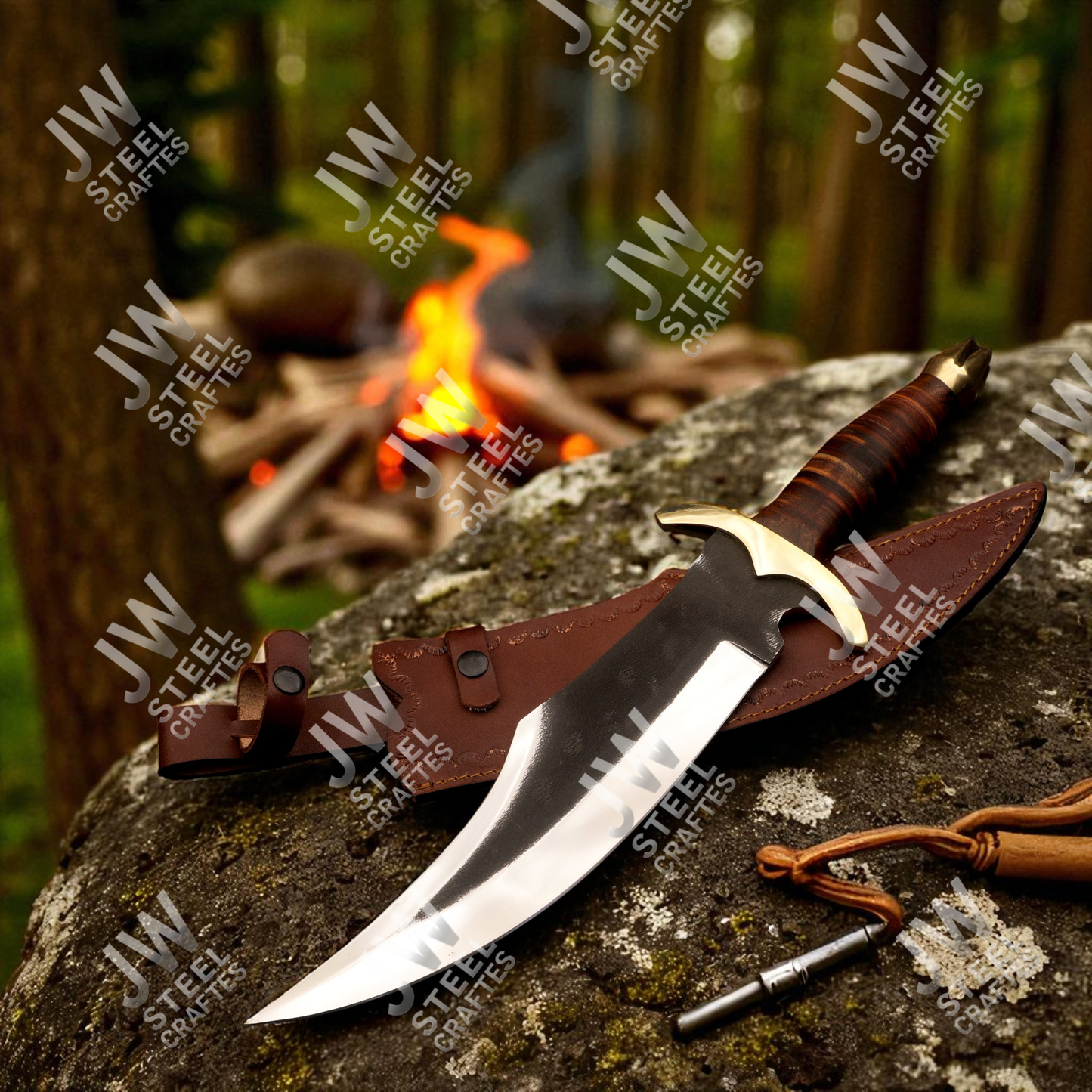 Hand Forged High Carbon Steel Bowie Knife with Leather Handle, Brass Guard & Sheath – Hunting, Camping, Collectors Knife