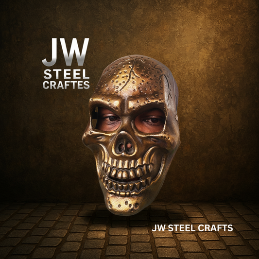 Gold skull mask on a textured brown background with 'JW Steel Crafts' branding.