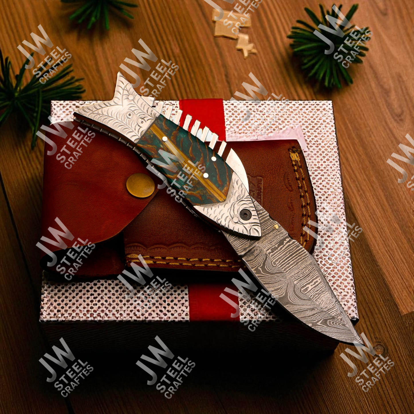 Hand-Forged Damascus Steel Folding Knife – Fish Design with Green-Brown Resin Handle & Leather Sheath | Custom Collectible Gift for Him