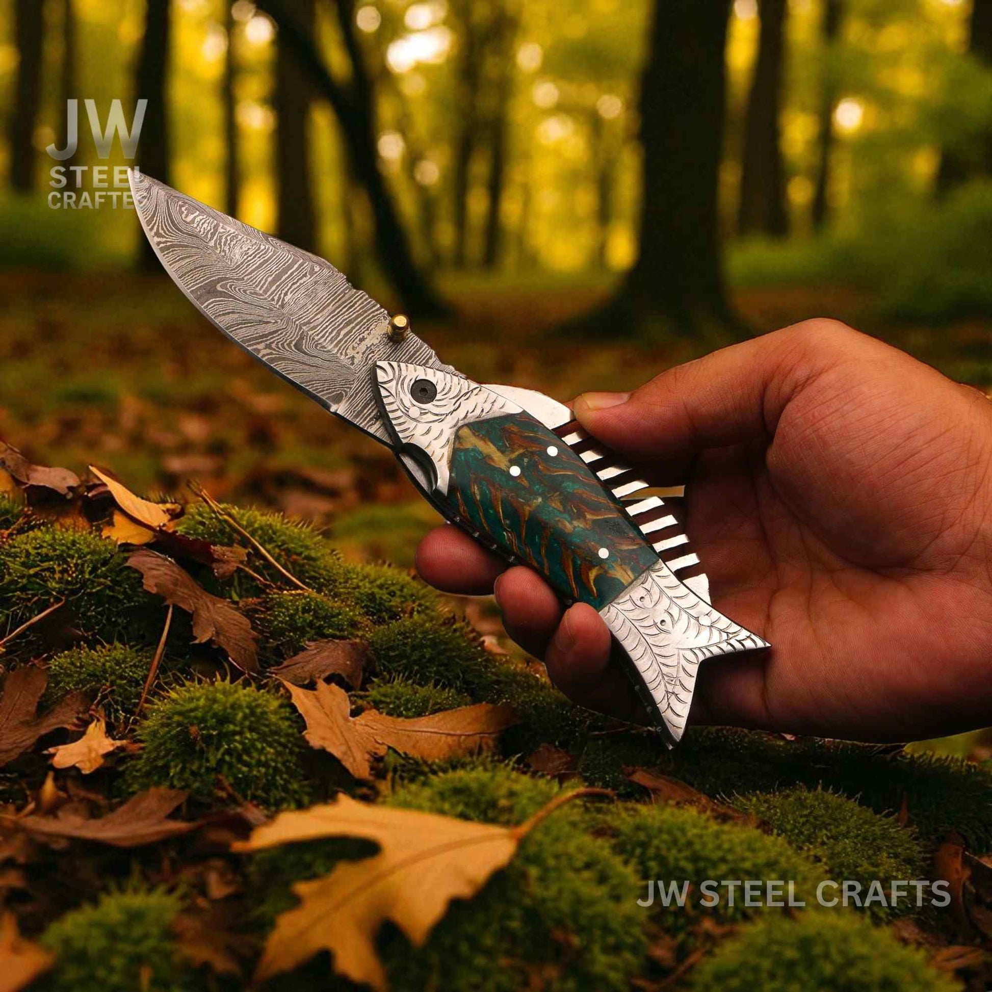 Hand holding a Damascus steel knife with a nature-themed handle in a forest setting, branded 'JW Steel Crafts'.