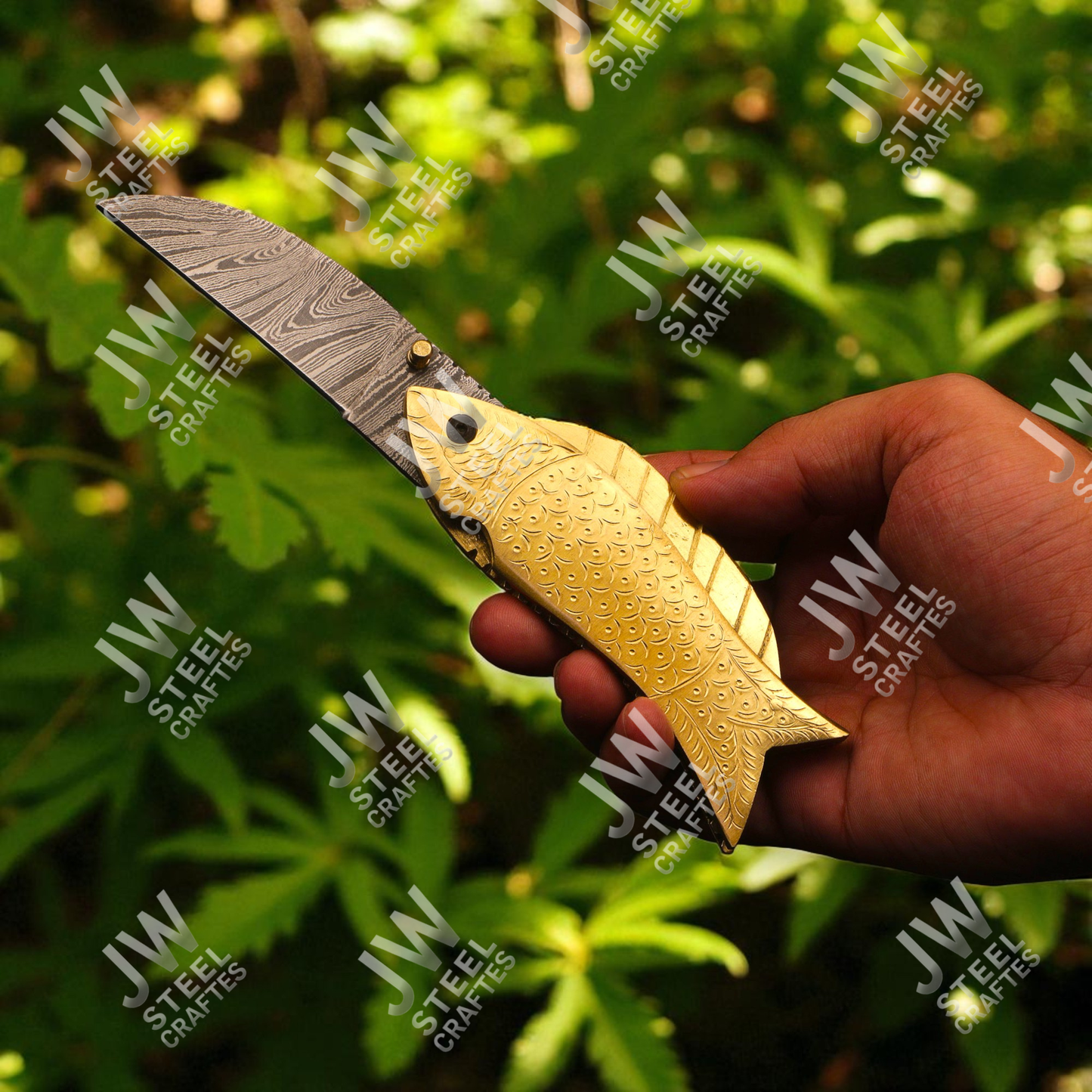 Hand-Forged Damascus Steel Folding Knife – Brass Fish Design Handle with Leather Sheath | Collectible Gift for Him