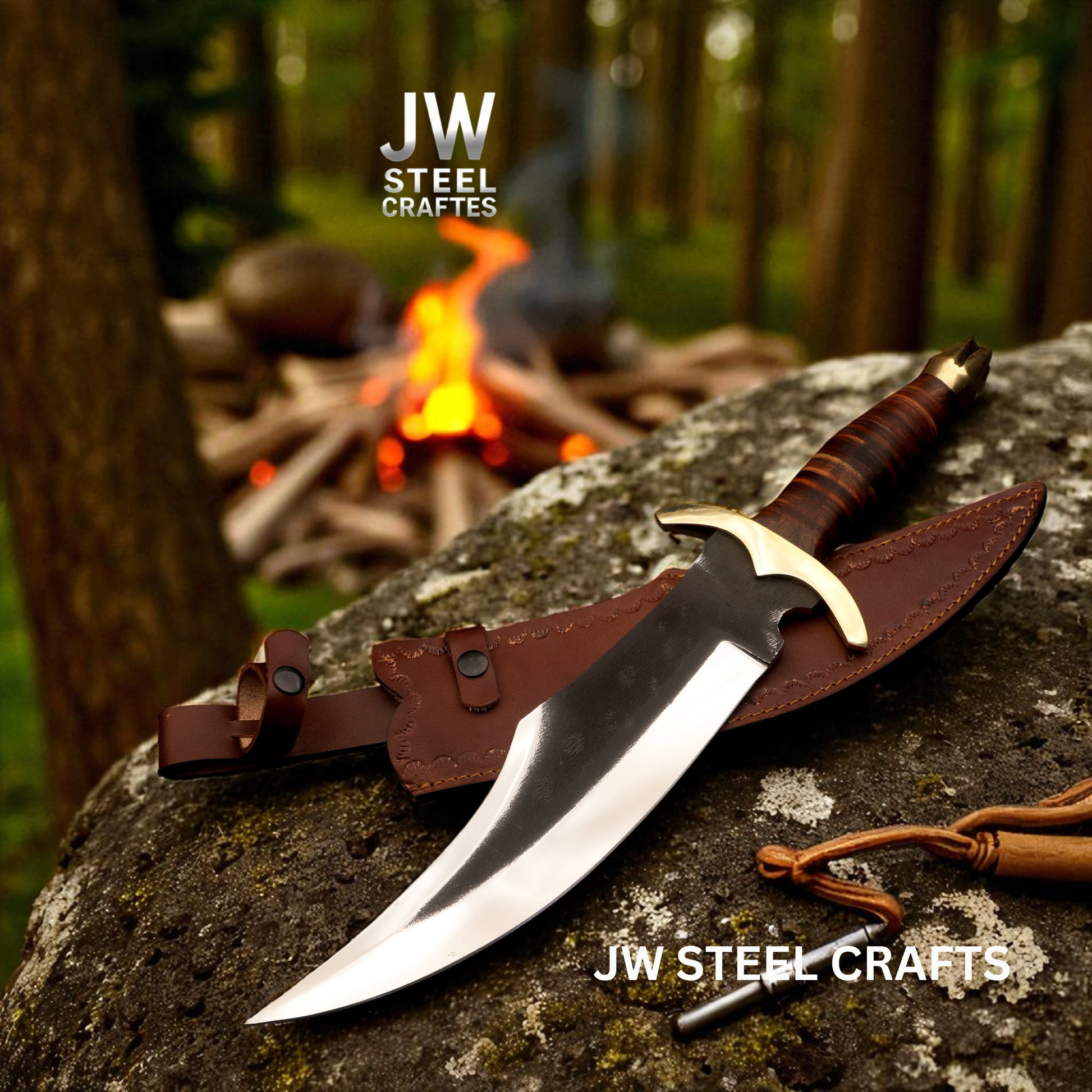 Knife with sheath on a rock in front of a campfire, with 'JW Steel Crafts' branding.
