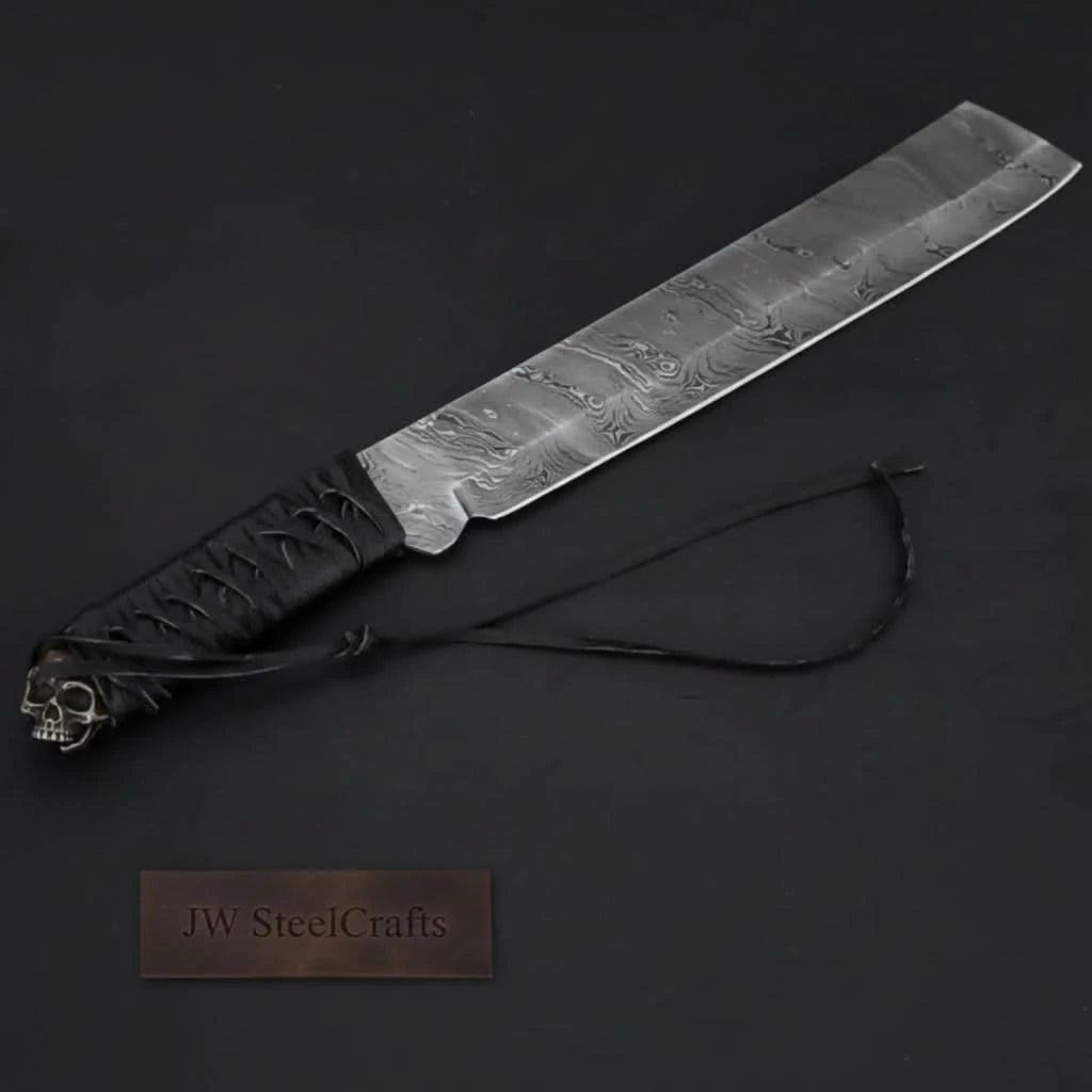 9 Inch Damascus Steel Tanto Knife with Cord Wrapped Handle – 16 Inch Overall handmade Tanto Knife by JW SteelCrafts