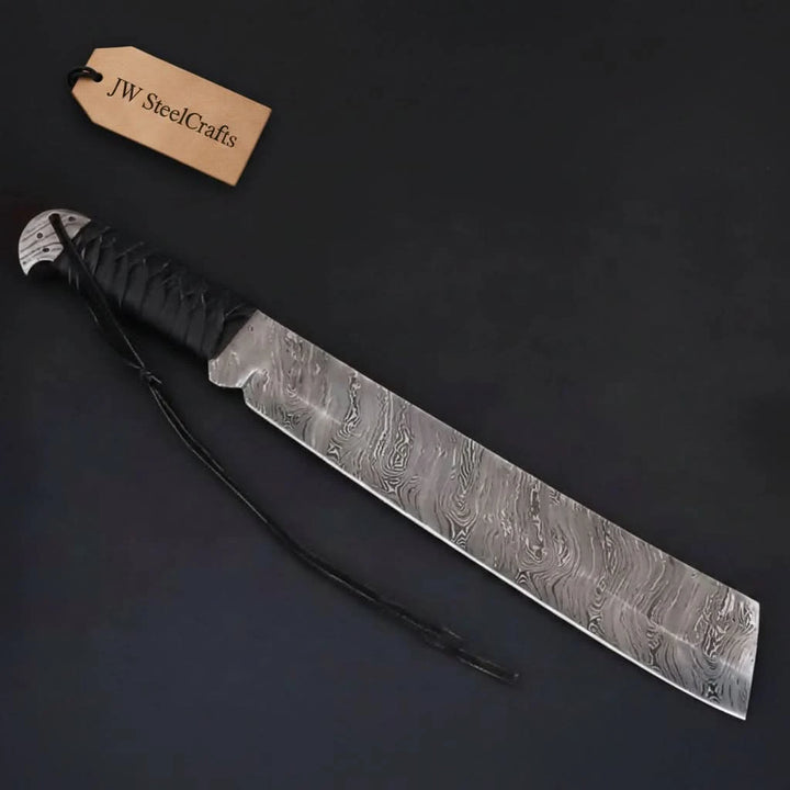 9 Inch Damascus Steel Tanto Knife with Cord Wrapped Handle – 16 Inch Overall handmade Tanto Knife by JW SteelCrafts