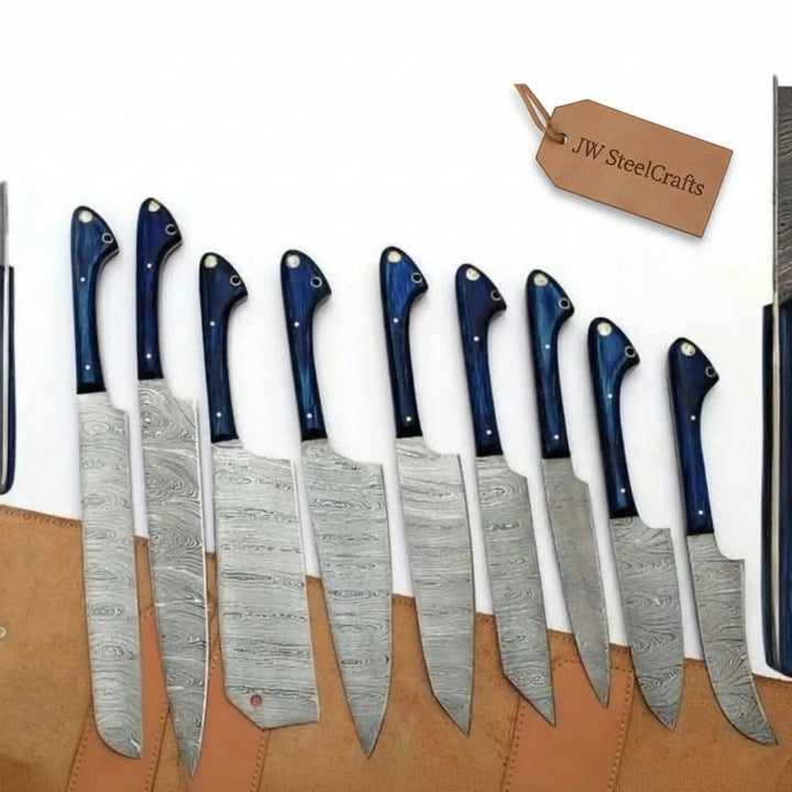 9 Piece Damascus Kitchen Knife Set with Leather Roll